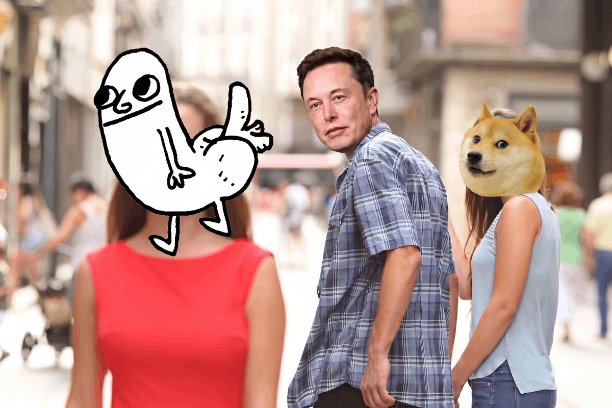 Elon Musk looking toward Dickbutt with Doge beside him